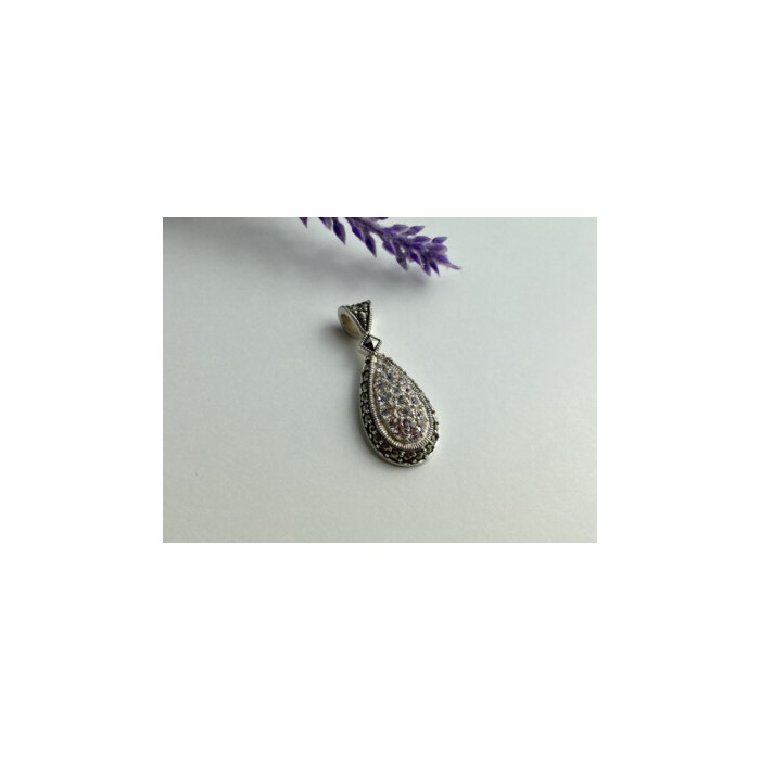 925 Sterling Silver CZ & Marcasite Drop Pendant