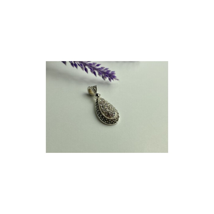 925 Sterling Silver CZ & Marcasite Drop Pendant
