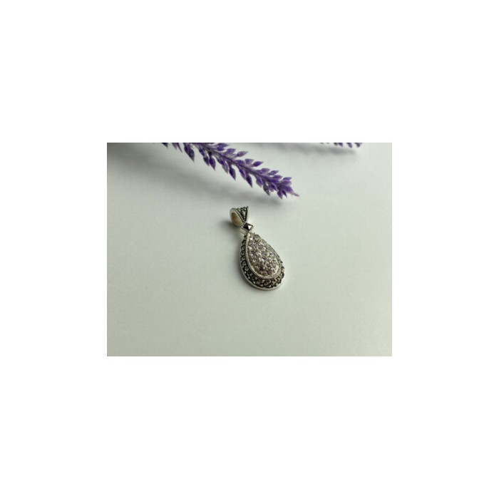 925 Sterling Silver CZ & Marcasite Drop Pendant