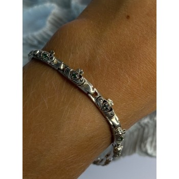 Vintage 925 Sterling Silver Heart Emerald & Marcasite Bracelet Length 7