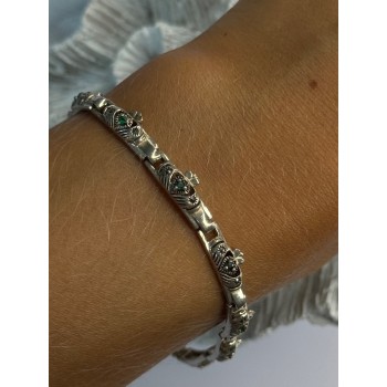 Vintage 925 Sterling Silver Heart Emerald & Marcasite Bracelet Length 7