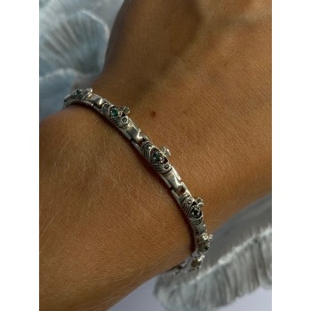 Vintage 925 Sterling Silver Heart Emerald & Marcasite Bracelet Length 7