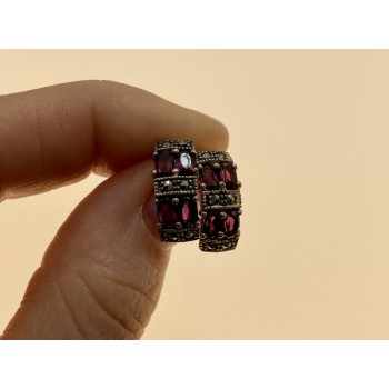 925 Sterling Silver Almandine & Marcasites Stud Earrings