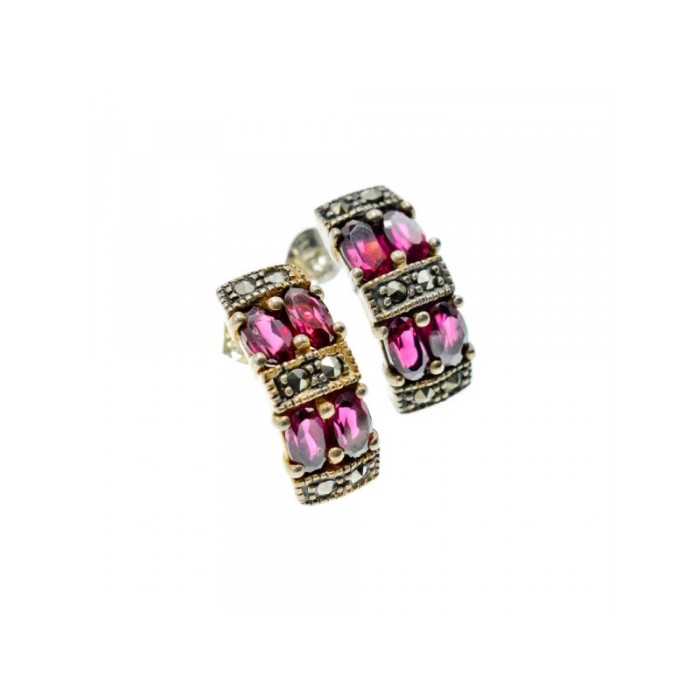 925 Sterling Silver Almandine & Marcasites Stud Earrings