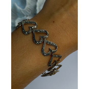 925 Sterling Silver Marcasite Hearts Bracelet Length 7.5