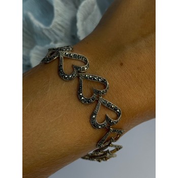 925 Sterling Silver Marcasite Hearts Bracelet Length 7.5