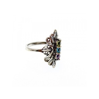 925 Sterling Silver Amethyst, Topaz & Peridot Openwork Ring Size 5