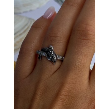 925 Sterling Silver Dolphin Diamond Ring Size 7