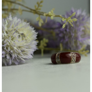 925 Sterling Silver Burgundy Coral & Marcasites Ring Size 7