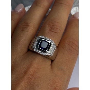 Mens 925 Sterling Silver Sapphire & Beryl Ring Size 10