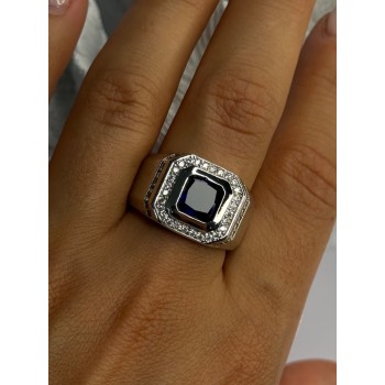 Mens 925 Sterling Silver Sapphire & Beryl Ring Size 10