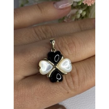 Elegant 10k Yellow Gold Onyx & Abalone Pendant Length 1 Inch