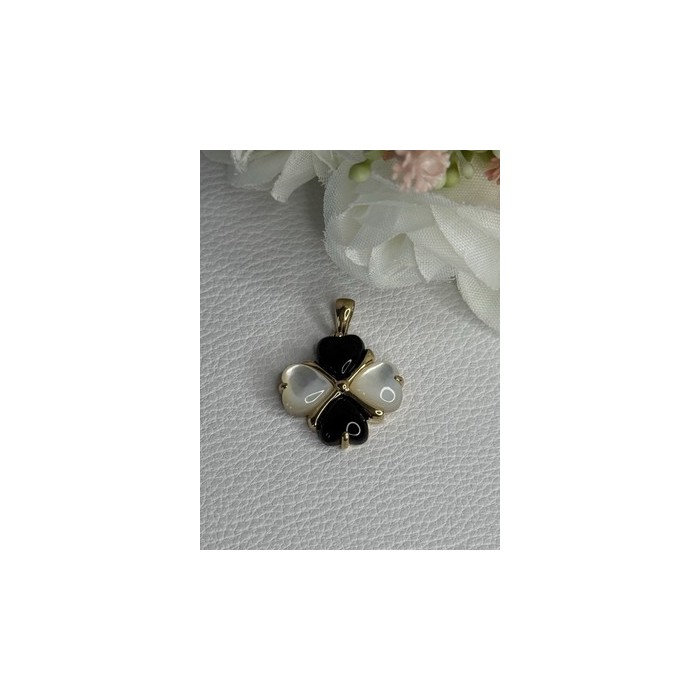 Elegant 10k Yellow Gold Onyx & Abalone Pendant Length 1 Inch