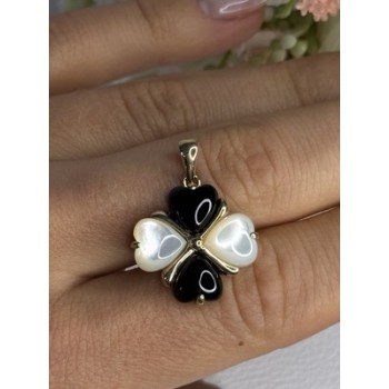 Elegant 10k Yellow Gold Onyx & Abalone Pendant Length 1 Inch