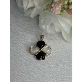 Elegant 10k Yellow Gold Onyx & Abalone Pendant Length 1 Inch