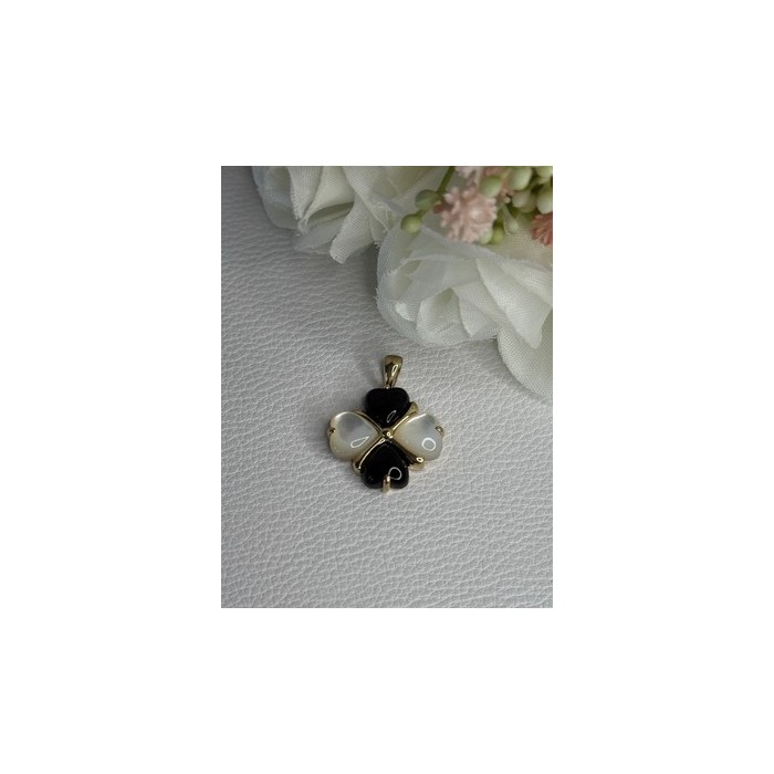 Elegant 10k Yellow Gold Onyx & Abalone Pendant Length 1 Inch