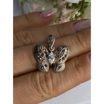 925 Sterling Silver Butterfly Beryl & Marcasite Pendant Length 0.90 Inch