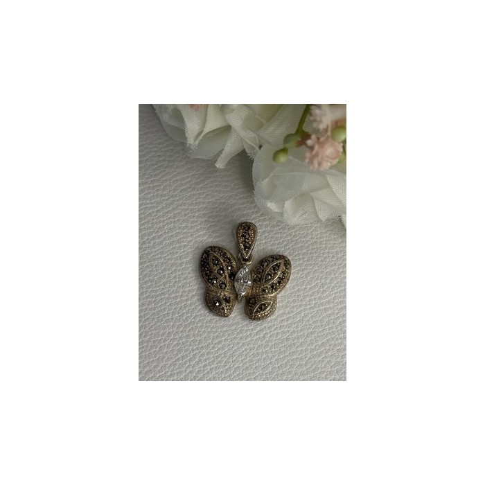 925 Sterling Silver Butterfly Beryl & Marcasite Pendant Length 0.90 Inch