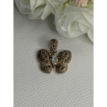 925 Sterling Silver Butterfly Beryl & Marcasite Pendant Length 0.90 Inch
