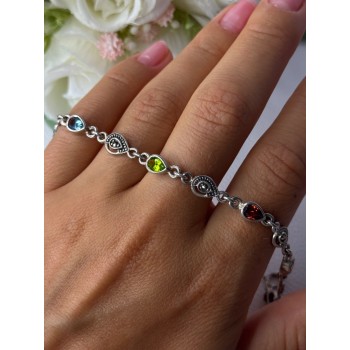 925 Sterling Silver Amethyst Citrine Garnet Peridot Topaz Bracelet Length 7.5 In