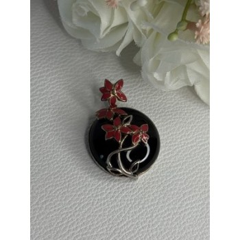 925 Sterling Silver Black Onyx & Red Enamel Flowers Pendant Length 1.40 Inch