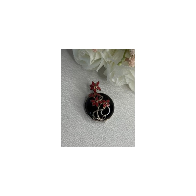 925 Sterling Silver Black Onyx & Red Enamel Flowers Pendant Length 1.40 Inch