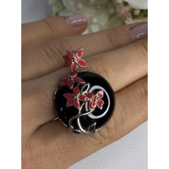 925 Sterling Silver Black Onyx & Red Enamel Flowers Pendant Length 1.40 Inch