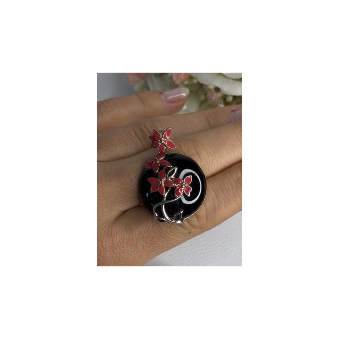 925 Sterling Silver Black Onyx & Red Enamel Flowers Pendant Length 1.40 Inch