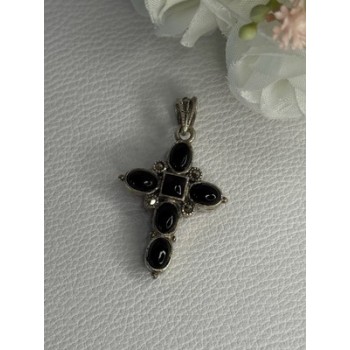 925 Sterling Silver Onyx Turquoise Agate Cross Length 1.60 Inch