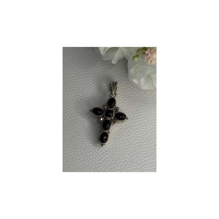925 Sterling Silver Onyx Turquoise Agate Cross Length 1.60 Inch
