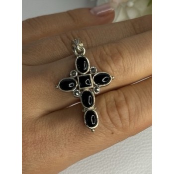 925 Sterling Silver Onyx Turquoise Agate Cross Length 1.60 Inch