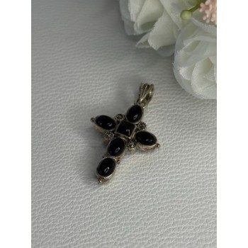 925 Sterling Silver Onyx Turquoise Agate Cross Length 1.60 Inch