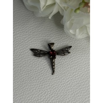 925 Sterling Silver Dragonfly Garnet Pendant Length 0.90 Inch