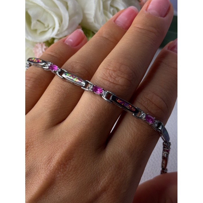 925 Sterling Silver Shiny Opal Pink & White Topaz Bracelet Length 7 Inch