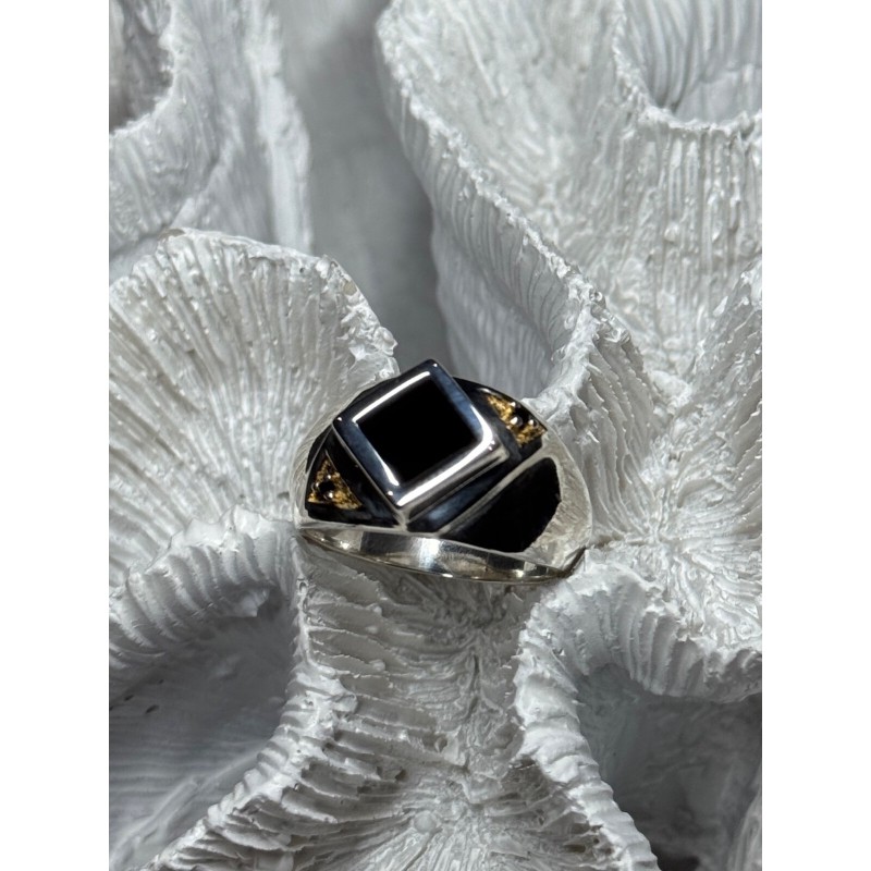 925 Sterling Silver Black Enamel & Black Diamonds Men's Ring Size 8.3