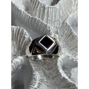 925 Sterling Silver Black Enamel & Black Diamonds Men's Ring Size 8.3