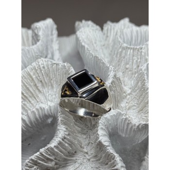 925 Sterling Silver Black Enamel & Black Diamonds Men's Ring Size 8.3