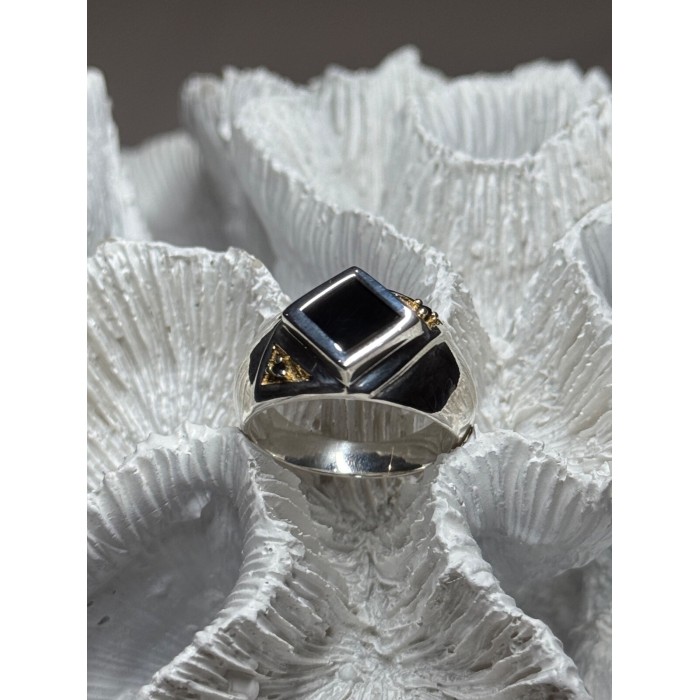 925 Sterling Silver Black Enamel & Black Diamonds Men's Ring Size 8.3