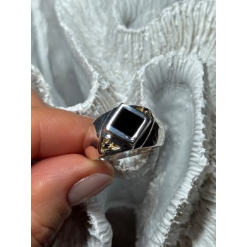 925 Sterling Silver Black Enamel & Black Diamonds Men's Ring Size 8.3