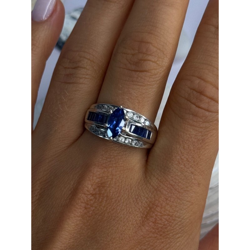 925 Sterling Silver Sapphire & Beryl Ring Size 9