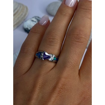 925 Sterling Silver Amethyst & Beryl & Opal Ring Size 6.5