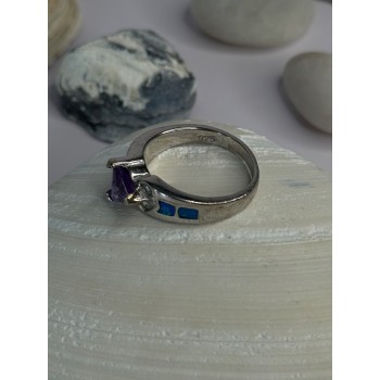 925 Sterling Silver Amethyst & Beryl & Opal Ring Size 6.5