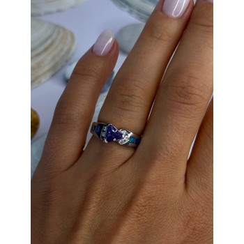 925 Sterling Silver Amethyst & Beryl & Opal Ring Size 6.5