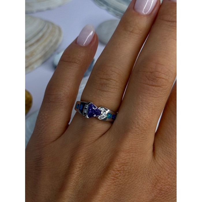 925 Sterling Silver Amethyst & Beryl & Opal Ring Size 6.5