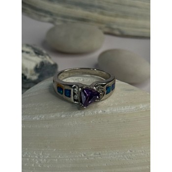 925 Sterling Silver Amethyst & Beryl & Opal Ring Size 6.5