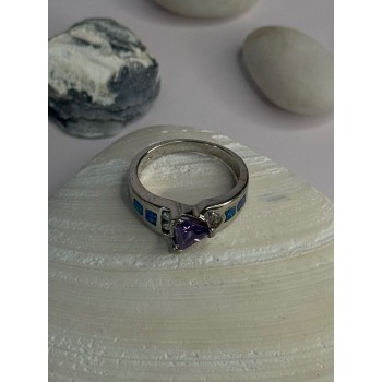 925 Sterling Silver Amethyst & Beryl & Opal Ring Size 6.5