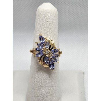 14K YELLOW GOLD TANZANITE & DIAMOND FLOWER RING  SIZE 5.5
