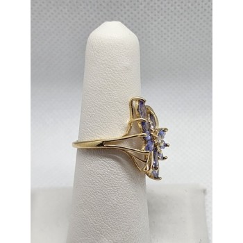 14K YELLOW GOLD TANZANITE & DIAMOND FLOWER RING  SIZE 5.5