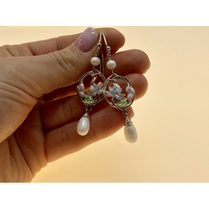 925 STERLING SILVER PEARLS & ENAMEL EARRINGS