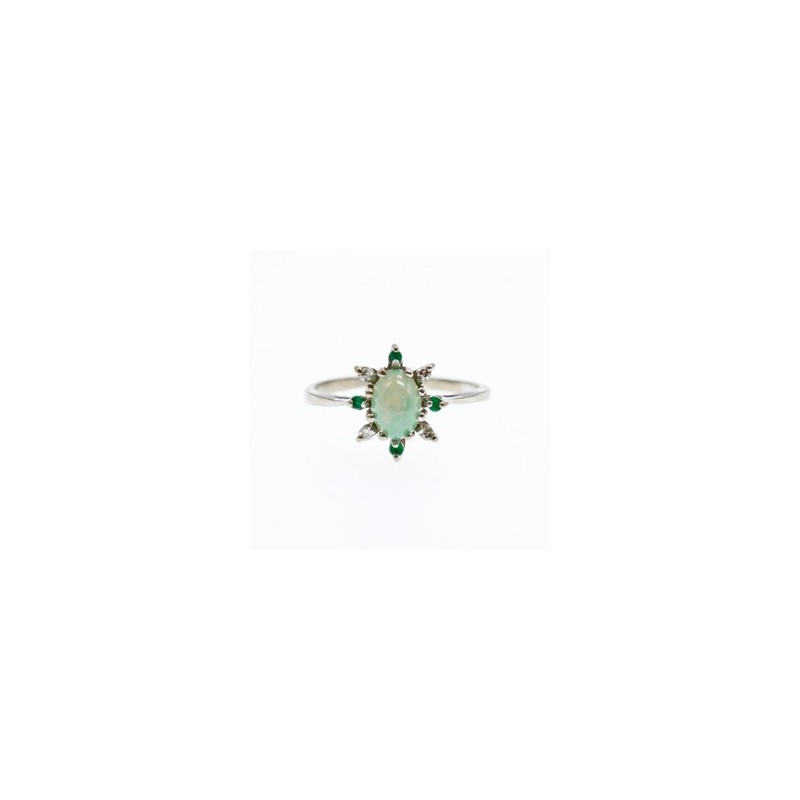 10K WHITE GOLD STAR SAPPHIRE, EMERALD & DIAMONDS RING SIZE 8.5